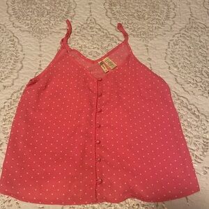 Coral tank blouse sz Small with white polka dots and adjustable straps. Buttons